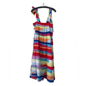 Crosby By Mollie Burch Rainbow Striped Tie-Shoulder Tiered Midi Dress size XS